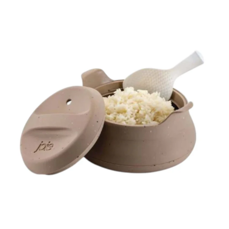 oie Microwave Rice Cooker with lid, steamer insert, and rice paddle, compact design for fast and easy microwave rice cooking