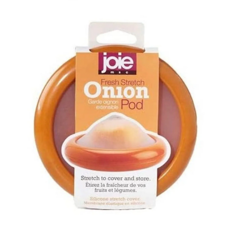 Joie Onion Stretch Pod – reusable silicone food saver with clear lid, designed to store cut onions fresh and odor-free.

