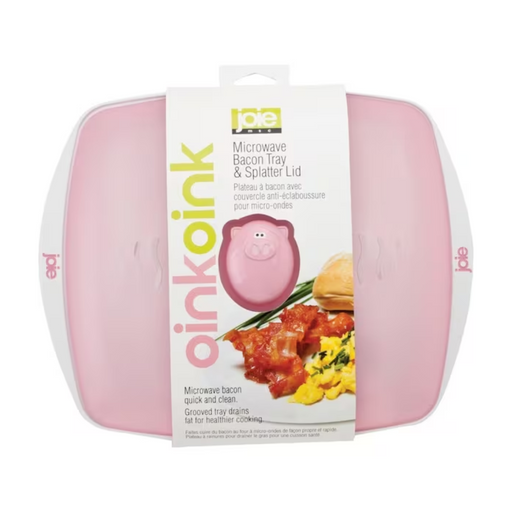 Joie Piggy Bacon Tray in pink pig-shaped design, ideal for cooking bacon in the microwave, size 26.7x22x5.4cm