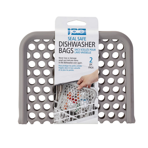 Gray dishwasher rack with packaging of Jole Seal Safe Dishwasher Bags