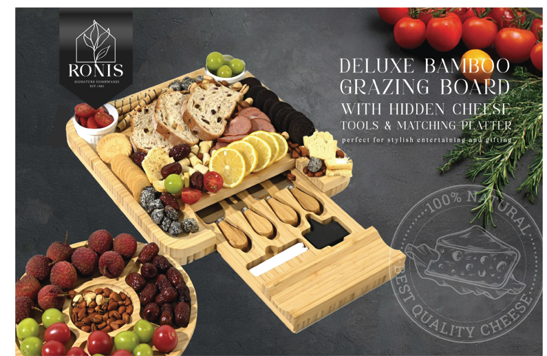 Bamboo cheese board set Board 33x33x3.5cm Tray 25x25x1.7cm