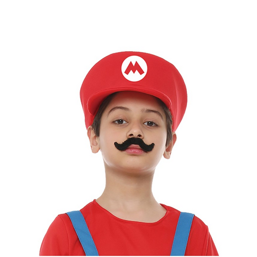 Kids Mario Hat in bright red with white “M” emblem, inspired by the iconic video game character, perfect for costumes and roleplay