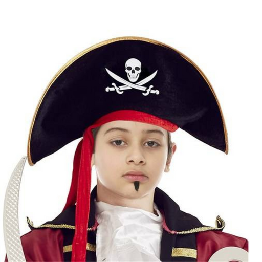 Kids Pirate Captain Hat with gold trim and skull-and-crossbones emblem, perfect for dress-up and costume play.