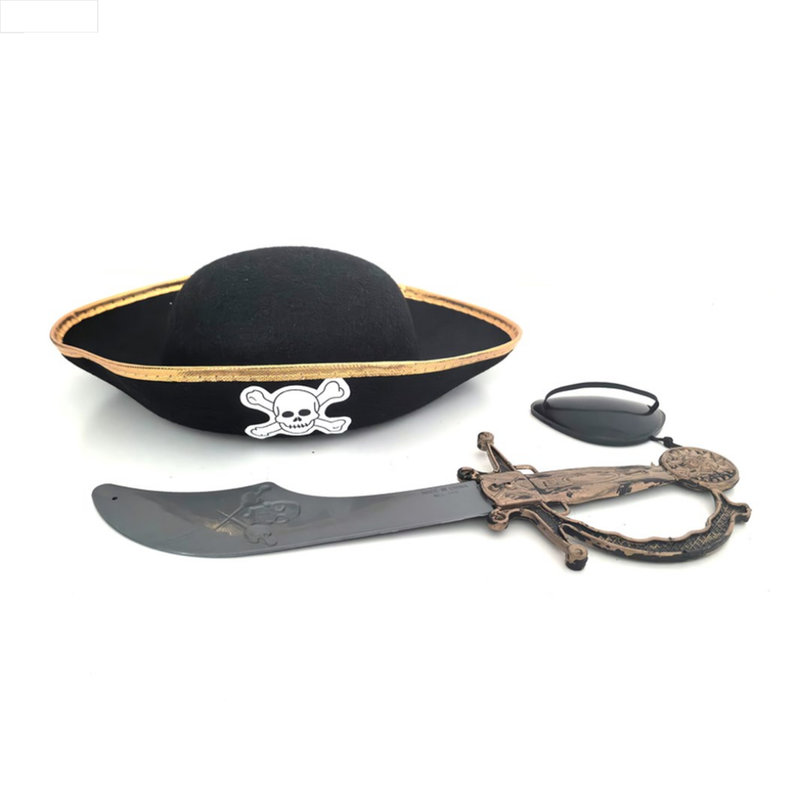 Pirate hat with skull design, sword, and eyepatch