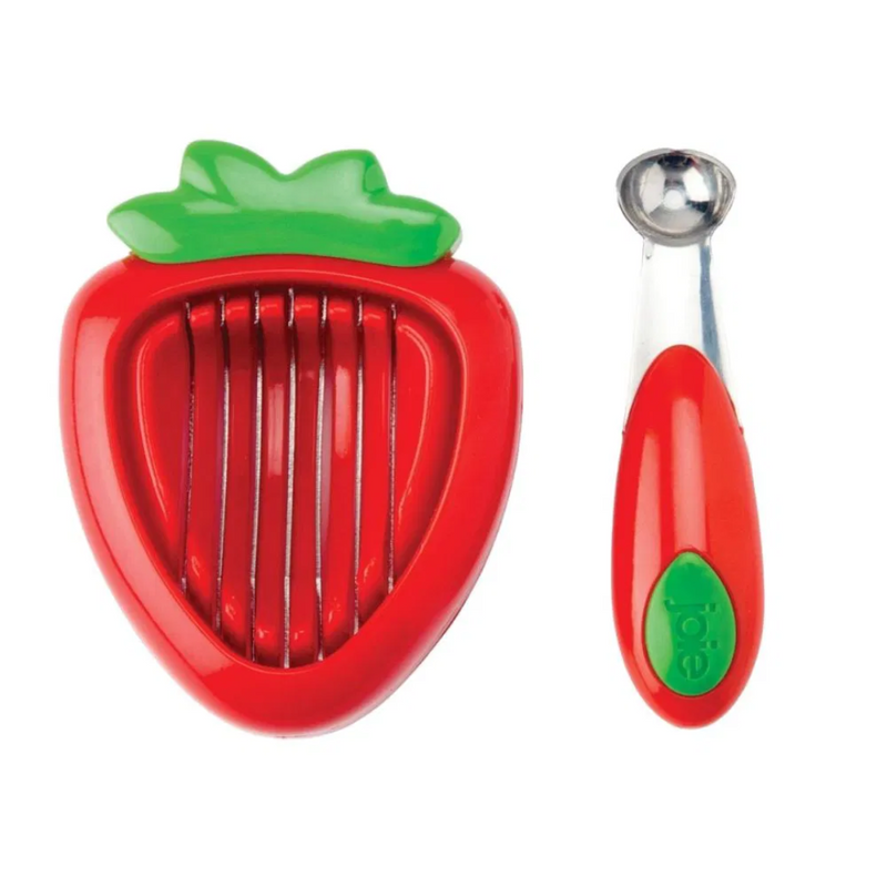 Joie Strawberry Hull and Slice Tool with stainless steel claw and built-in slicer, ideal for prepping fresh strawberries quickly
