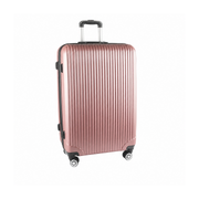 Rose gold suitcase with black wheels on a white background – thumbnail