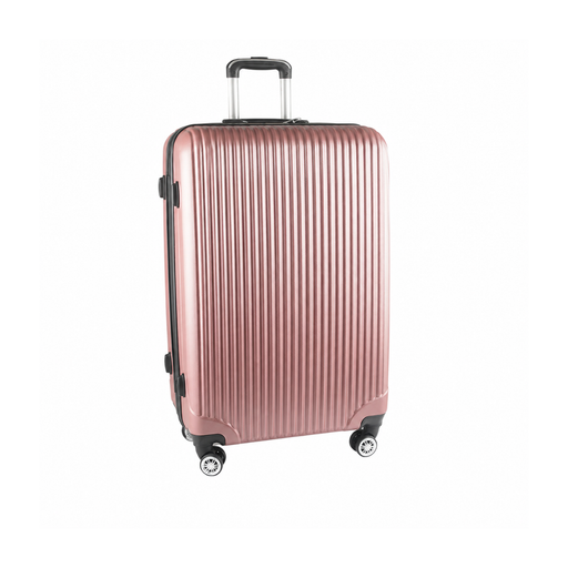 Rose gold suitcase with black wheels on a white background