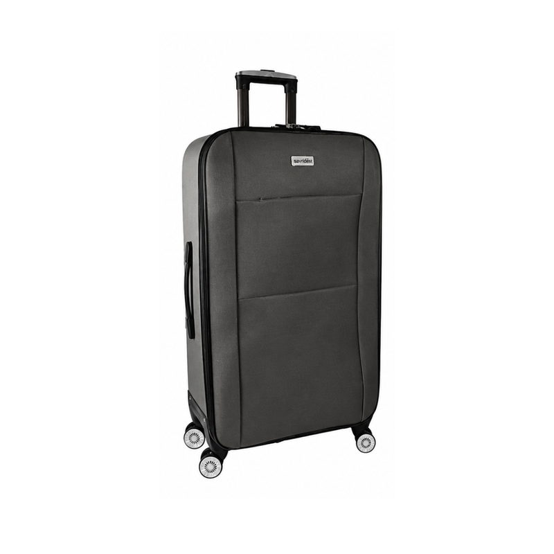 Black suitcase with wheels on a white background