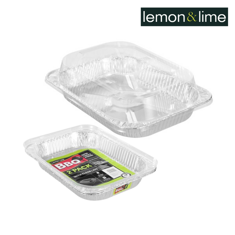 Lemon and Lime Foil Tray Large W/ Plastic Lid & 2Pk 45X34X6.5Cm 