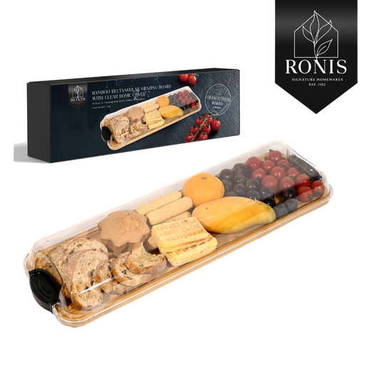 Long bamboo dessert plate with lid, rectangular platter with clear cover and snacks, Ronis retail box shown