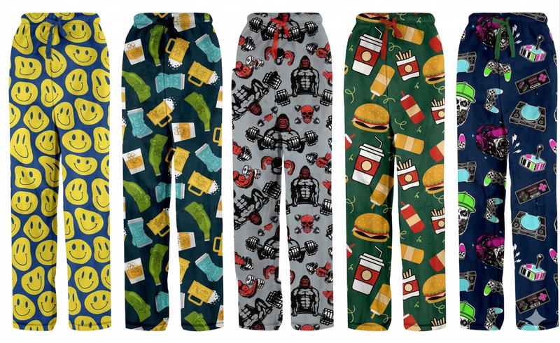 Five pairs of pajama pants with different colorful patterns.
