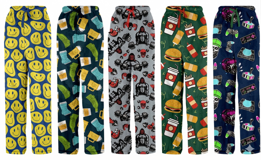 Five pairs of pajama pants with different colorful patterns.