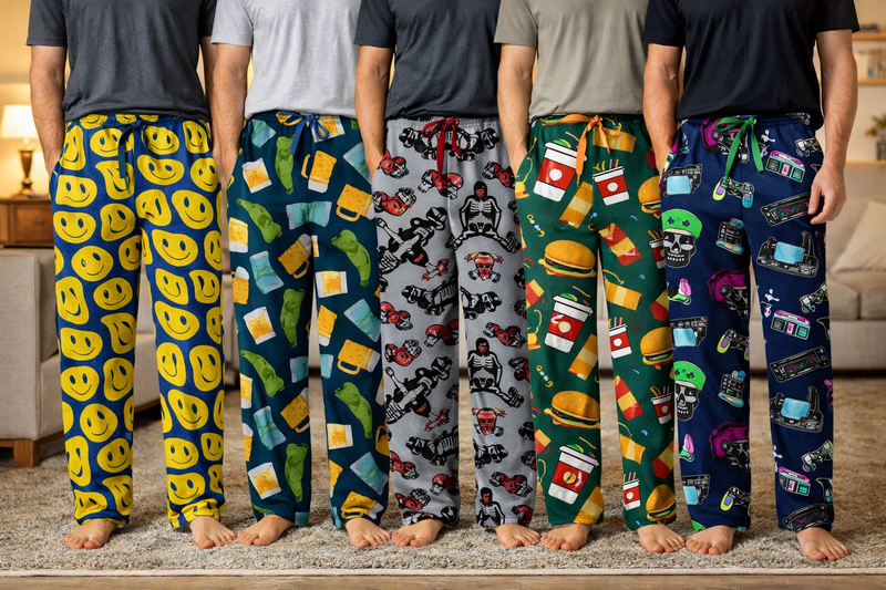 Five people wearing colorful patterned pajama pants on a carpeted floor.
