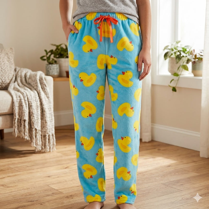 Person wearing blue lounge pants with yellow rubber duck pattern in a room.