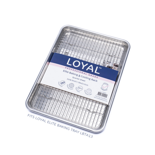 Metal baking tray with cooling rack and Loyal brand label on a white background