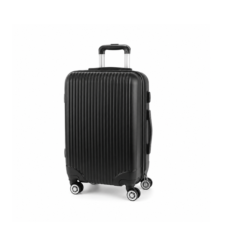 Black suitcase with wheels on a white background