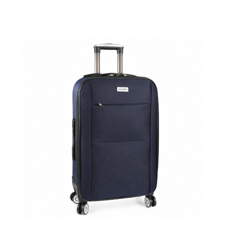 Navy blue medium suitcase with wheels and handle on a white background