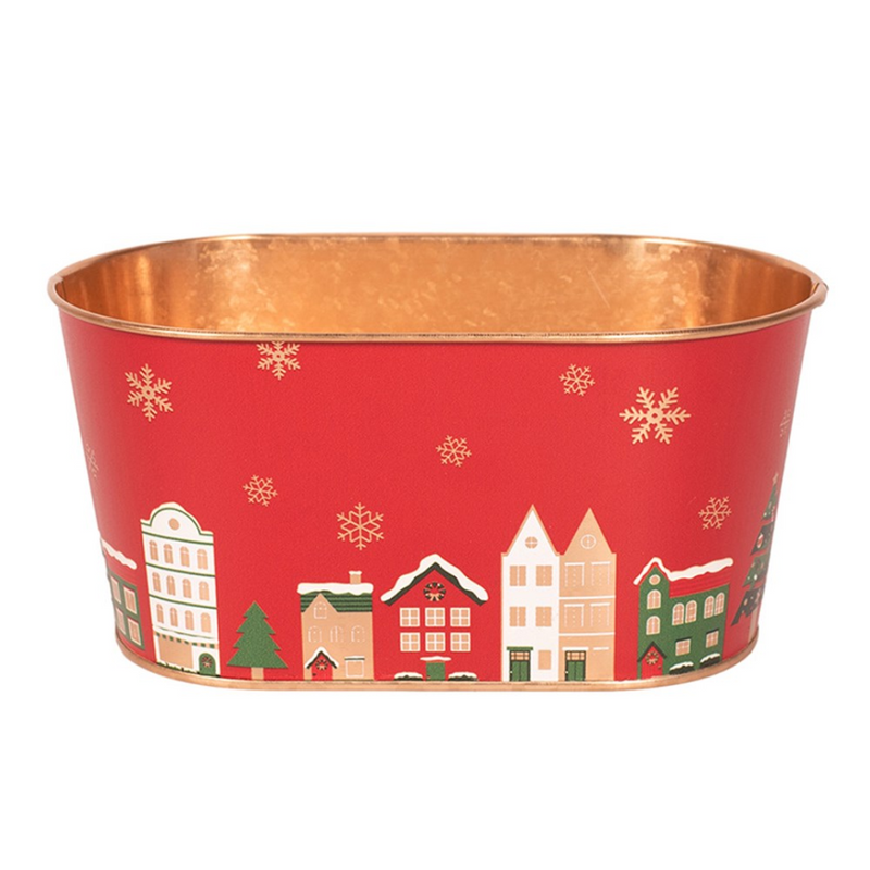 Metal Planter W/Christmas Houses Detail 19.5x11.5x9.5cm