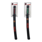 Two black toy swords with decorative patterns