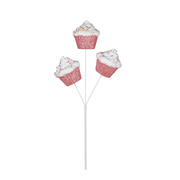 A decorative pick with three pink cupcakes topped with sprinkles, intended for holiday or themed decor.