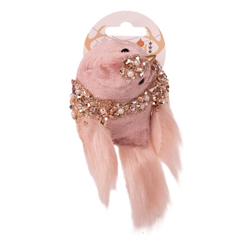 Pink Velour Bird W/clip 7x8x17cm