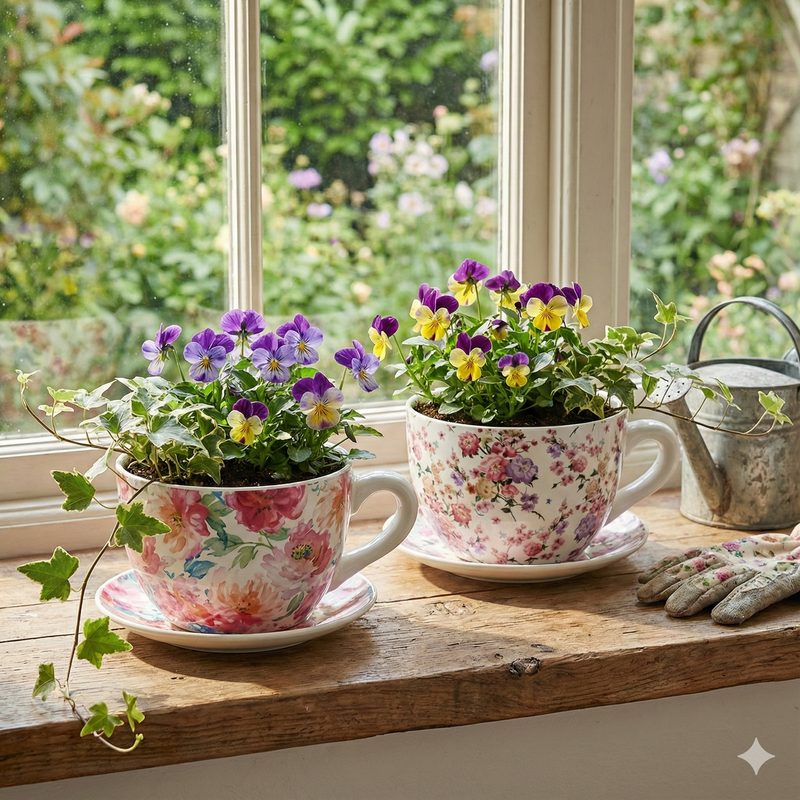 Two floral teacups with plants on a windowsill with a garden view.