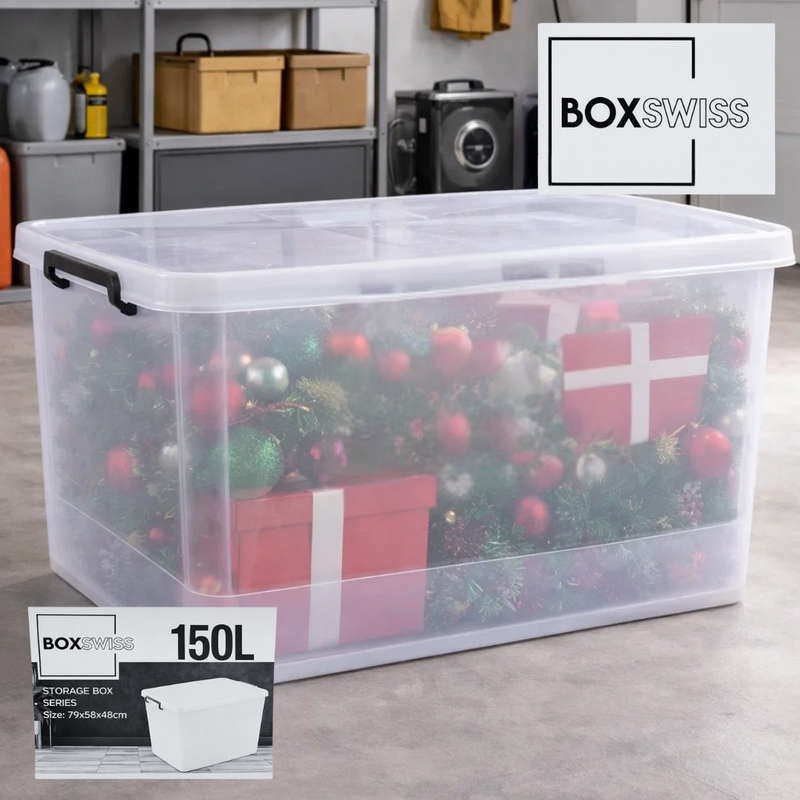 PLASTIC STORAGE BOX 150L +WHEELS BLACK HANDLES