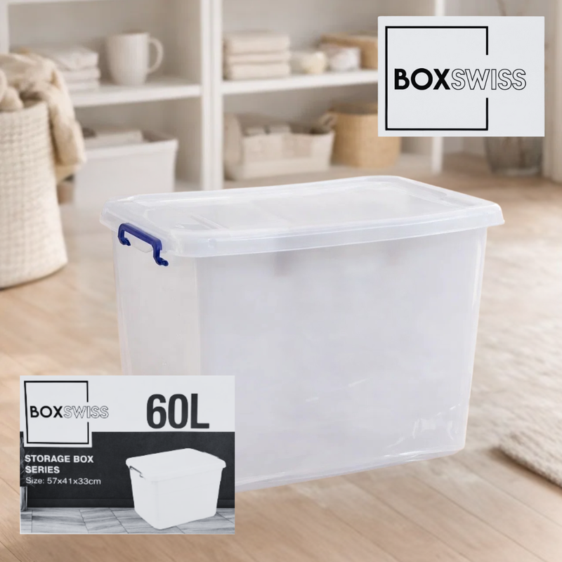60L plastic storage box with wheels and black handles for rolling home organisation and easy access