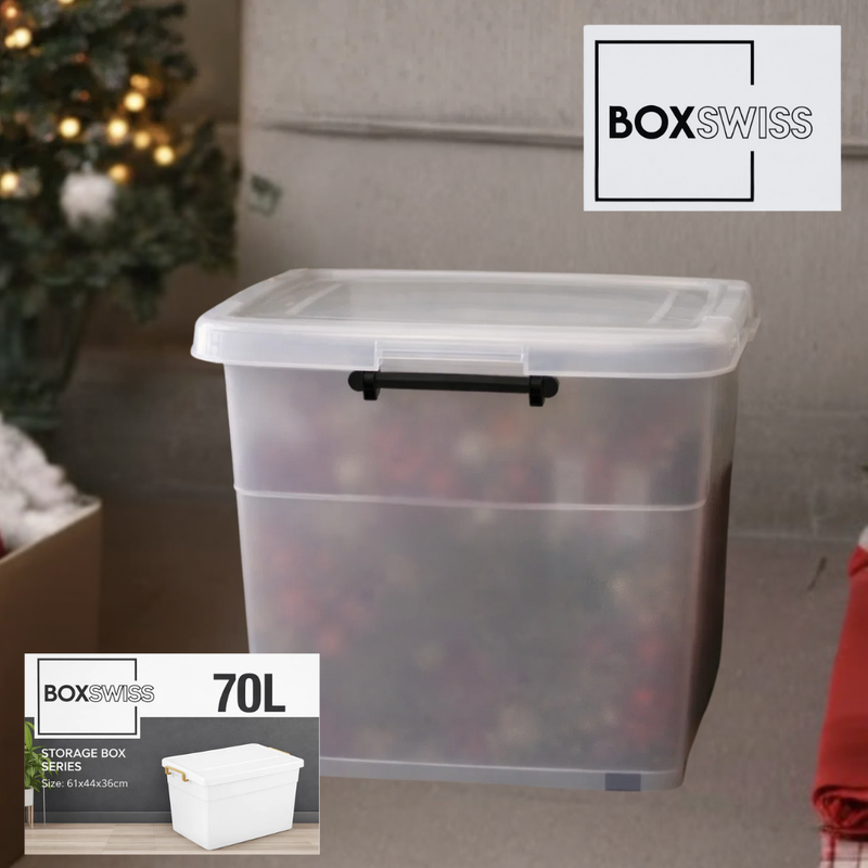70L plastic storage box with wheels and black handles for easy rolling home organisation