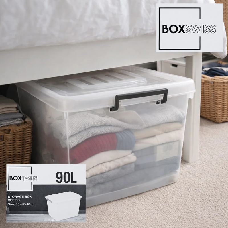 90L plastic storage box with wheels and black handles for easy rolling storage