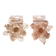 15cm rose gold and champagne poinsettia ornament with clip, ideal for holiday décor on trees, wreaths, or garlands.