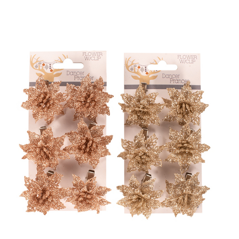 Six small 5cm poinsettia ornaments in rose gold and champagne with clips, ideal for holiday tree trimming, wreaths, or gift embellishments.
