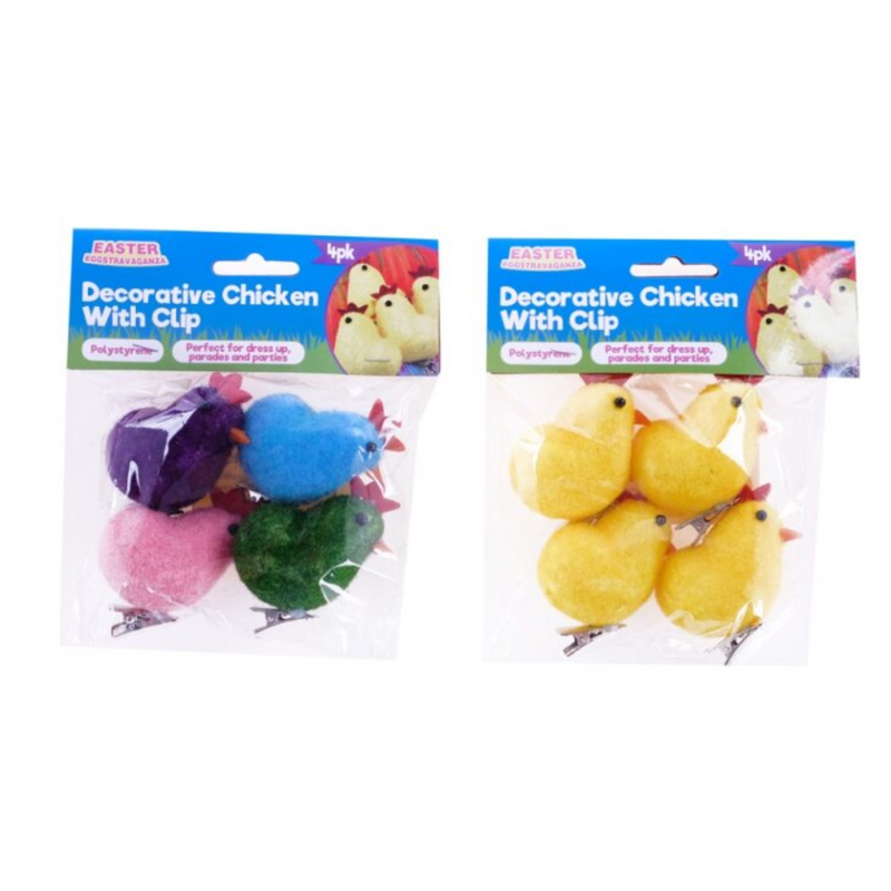 Polystyrene Fabric Chickens With Clip 4pk Assorted