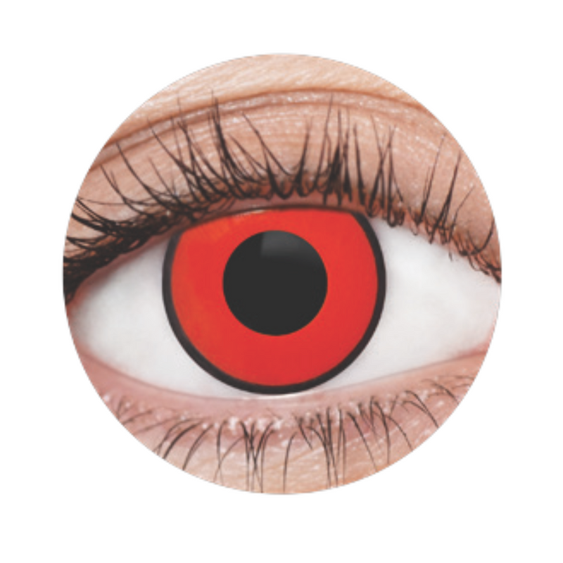 EyeFX Red Devil II Contact Lenses with fiery red and black design for a bold, demonic eye effect