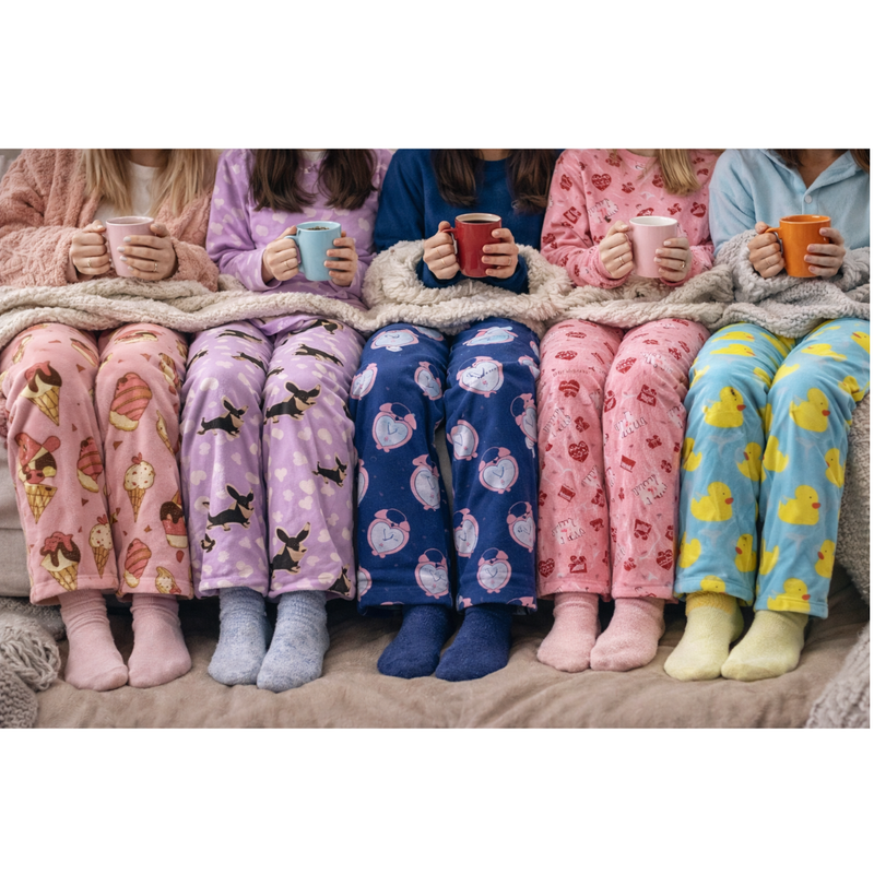 People wearing colorful lounge pants with various patterns, sitting together on a couch.