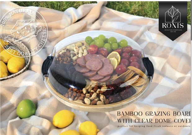 Round bamboo grazing board with dome used for cheese and entertaining
