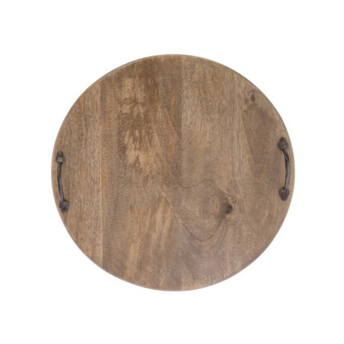 Round Mango Wood Serving Board with Iron Handles - Natural- 40x40x5cm - 1.2kg