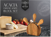 Ronis Acacia cheese knife block set with cheese and tomatoes on a marble surface. – thumbnail