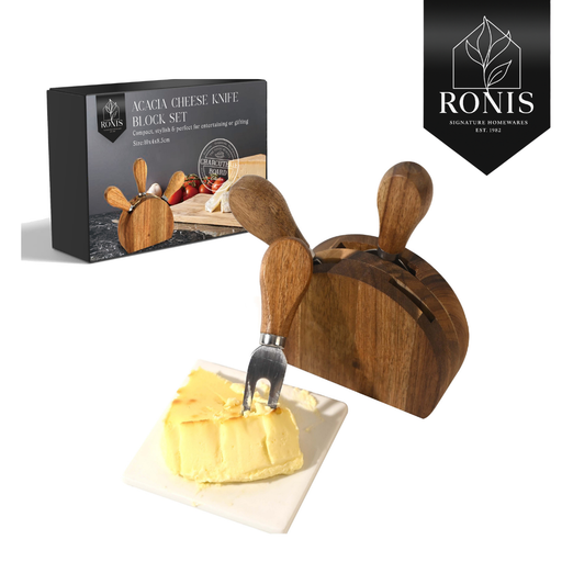 Ronis acacia wood cheese knife block set with four stainless steel cheese knives, gift box, and butter on a plate.