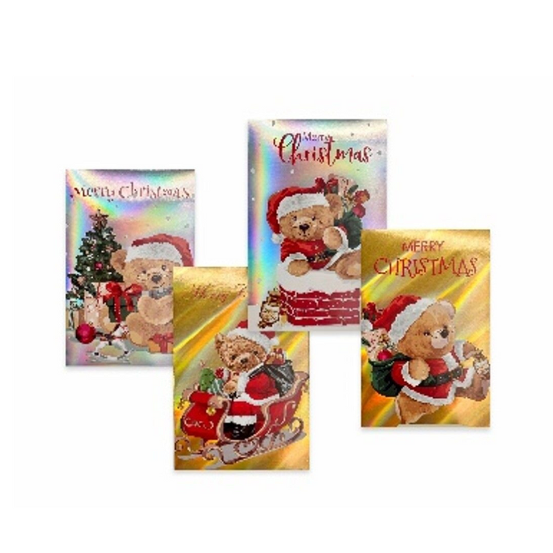 SANTA BEAR XMAS CARDS HOLOGRAPHIC PK8 4ASST