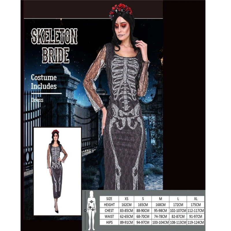 Girls Skeleton Bride Costume with black and white dress and bone detailing, available in Medium and Large sizes