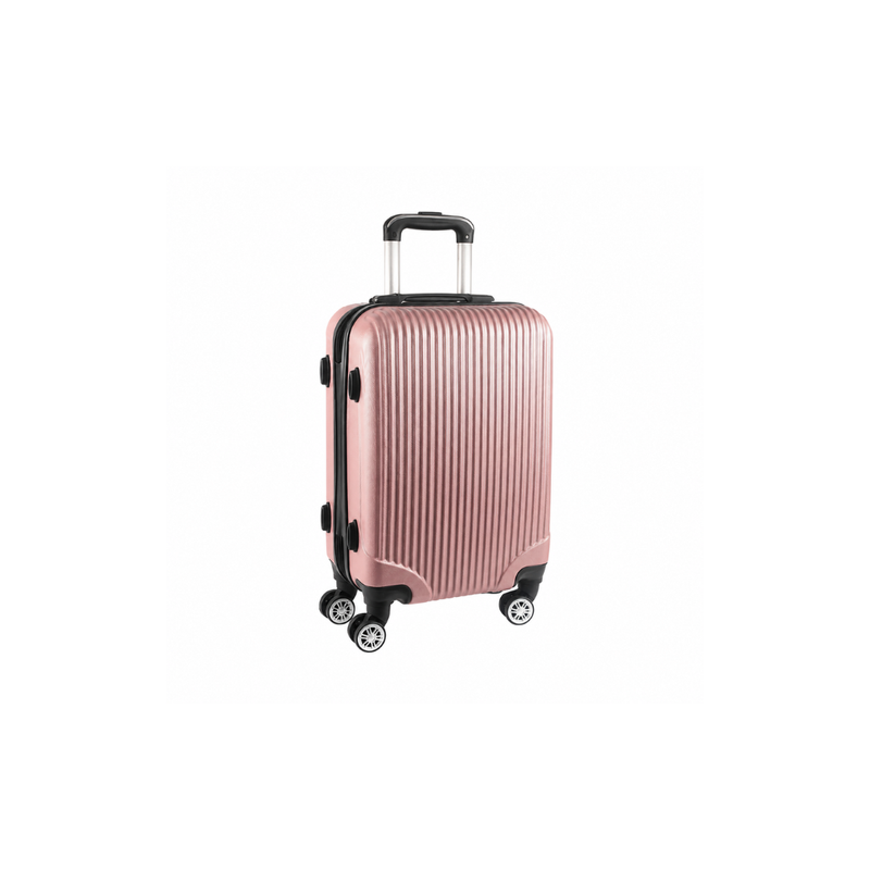 Rose gold suitcase with wheels on a white background