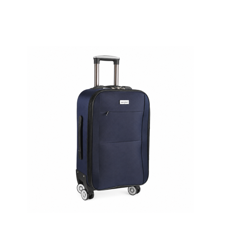 Navy blue small suitcase with wheels on a white background