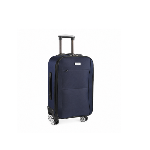 Navy blue small suitcase with wheels on a white background