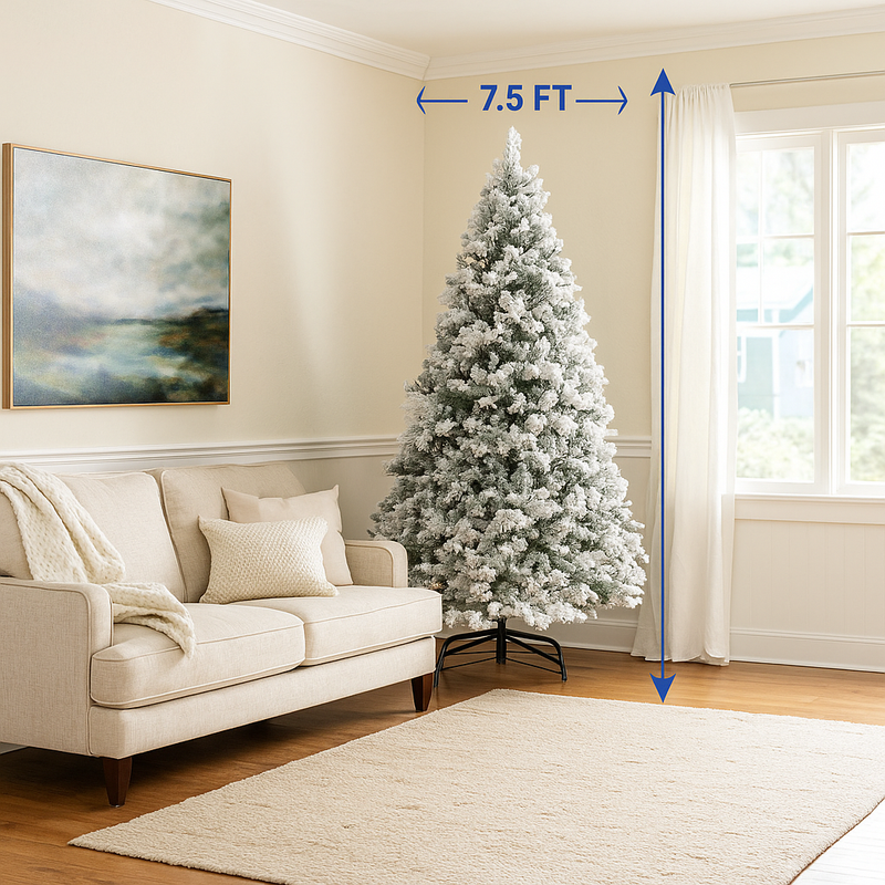 7.5ft artificial Christmas tree showing frosted, lifelike branch details