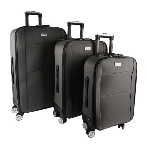 Charcoal soft case luggage set of three suitcases displayed together for travel