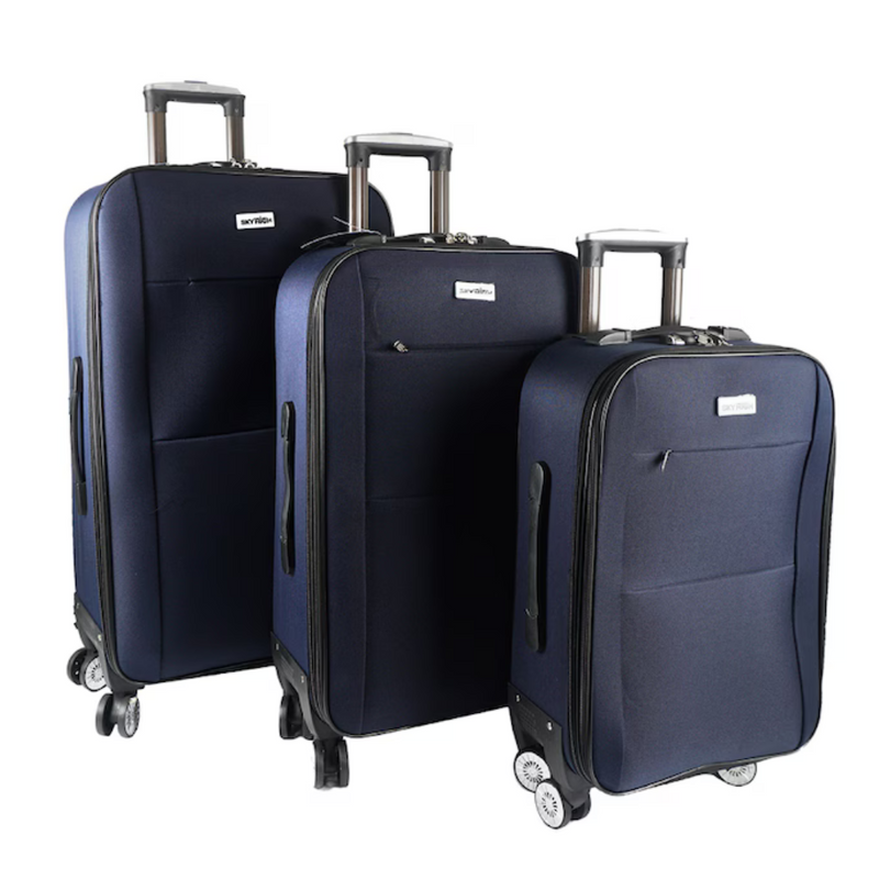 A set of three navy-colored soft case luggage bags with wheels and handles, displayed in a stacked arrangement.