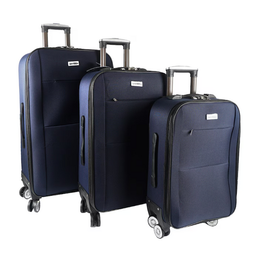 A set of three navy-colored soft case luggage bags with wheels and handles, displayed in a stacked arrangement.