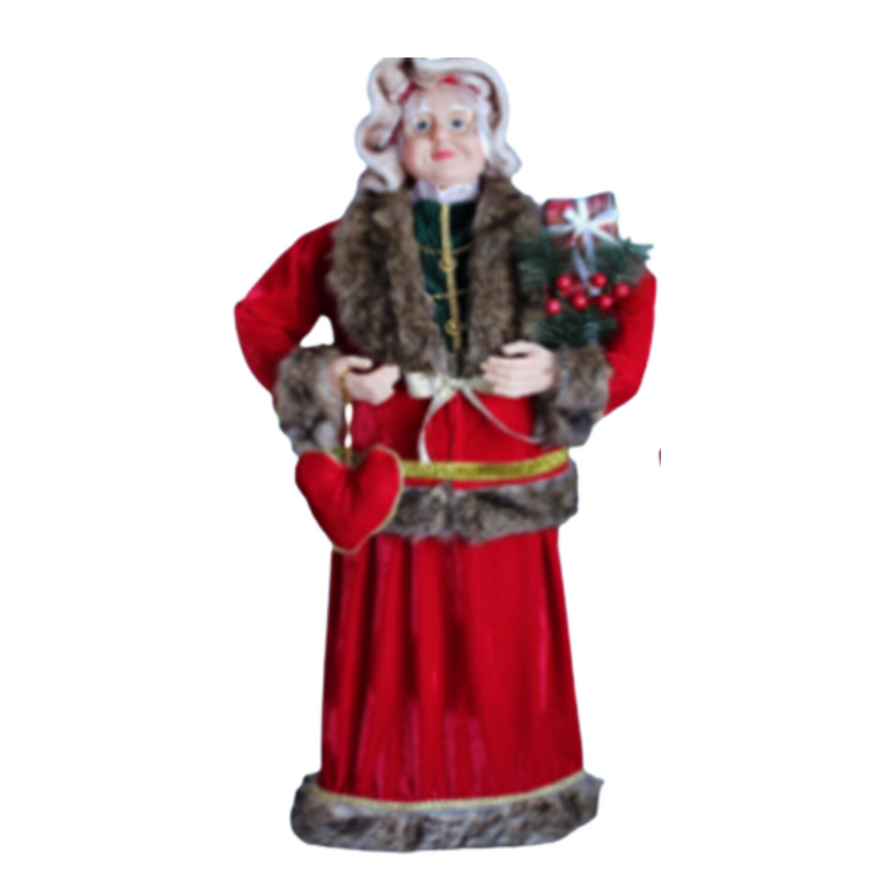 Standing Mrs Claus Figurine Fur Collar - 90Cm