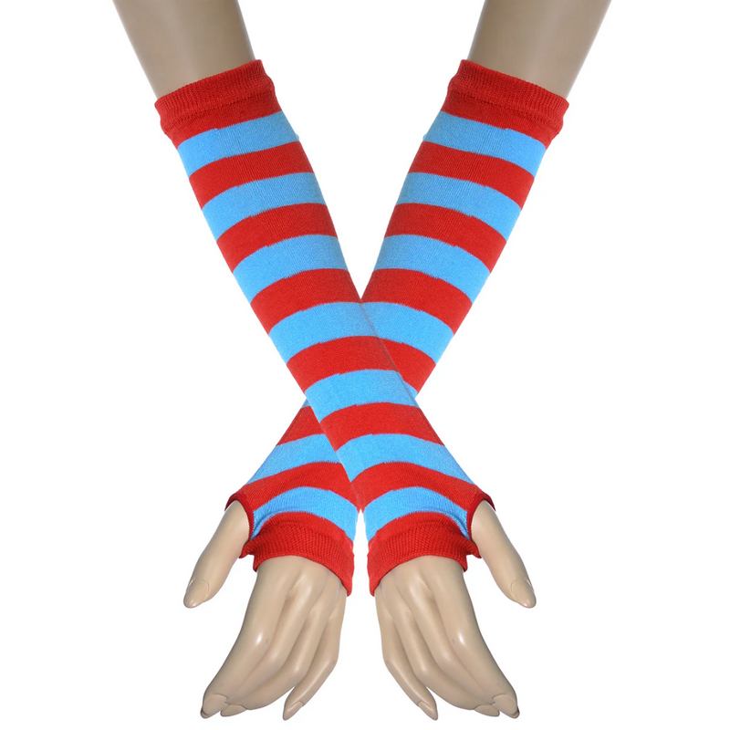 Red and blue striped arm warmers on a mannequin 